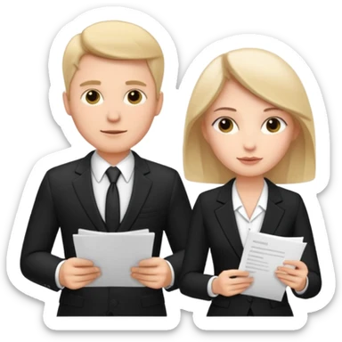 white man in formal suit talking to white woman in formal suit, they sit, papers in hands sticker