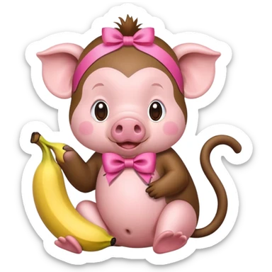 a pig with a pink ribbon on its head and a monkey eating a banana sticker