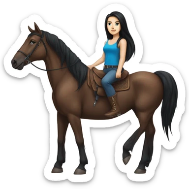 very pretty brunette with blue eyes and long black straight wearing shorts and a thigh tattoo hair riding big brown horse  sticker