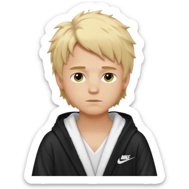 Create a blond boy with long, messy hair, light eyes, a white t-shirt, rich, with long hair, blue eyes, medium-length, voluminous hair, wearing a black Nike bathrobe and a little blush near his nose. sticker