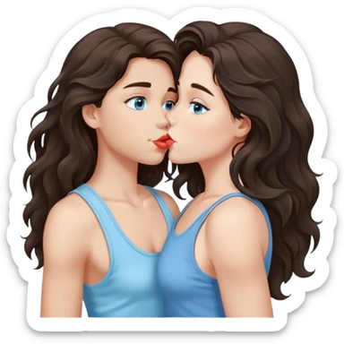 A girl with long, dark brown, wavy hair, grey-blue eyes, and a light blue tank top gives a kiss  sticker