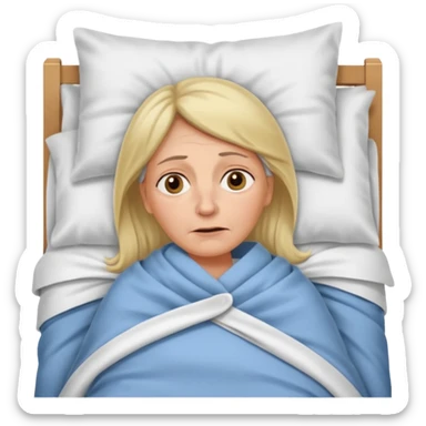A 55-year-old woman lying in bed, unable to sleep. She looks exhausted and desperate, with visible dark circles under her eyes, tired facial expression. She is under the blankets, staring at the ceiling.  sticker