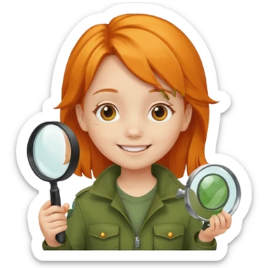 braid orange haired girl kid in moss green explorer outfit, holding magnifying glass, smile sticker
