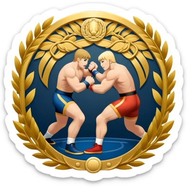 An icon symbolizing wrestling combat sports in the style of an emblem. The design features two wrestlers locked in a powerful grapple, one attempting to take the other down. Surrounding the scene are stylized elements like a championship belt, wrestling mat, and a laurel wreath. Transparent background sticker