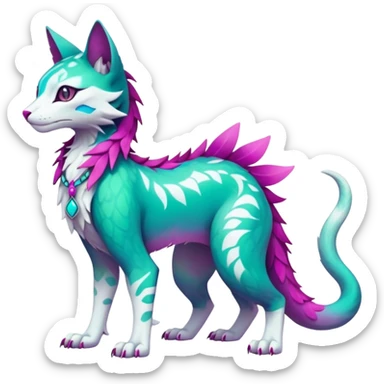 Kawaii colorful iridescent turquoise-green and magenta and white beautiful pretty elegant divine edgy fantasy feline-vernid-sergal-Fakémon-Pokémon-fursona-animal-creature with accessories, full body, with intricate detailed markings sticker
