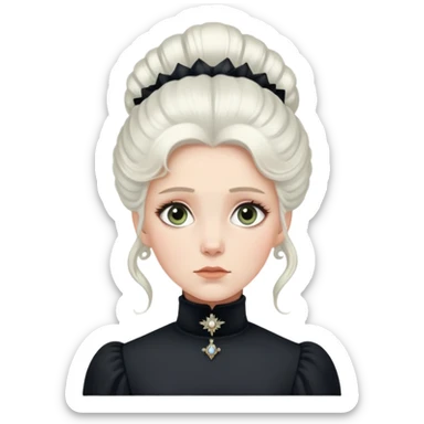Victorian-era white woman with white coiffed hair, light eyes, wearing a simple dark turtleneck Victorian gown, with a dropped jaw in awe and wonder sticker