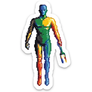 A paintbrush transforming into a metallic human silhouette, symbol of artistic identity sticker