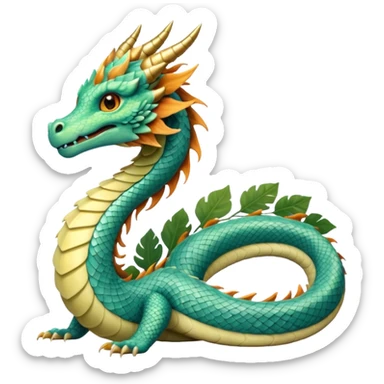  serpent dragon. Slim, serpentine body with smooth scales in soft blues and greens. Fluffy leaf plumes replace the tail fins, and a terracotta crown-like crest adorns its head. Gentle amber eyes. sticker