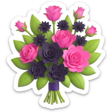 realistic 3D gothic bouquet with pink and black flowers, minimal and elegant sticker