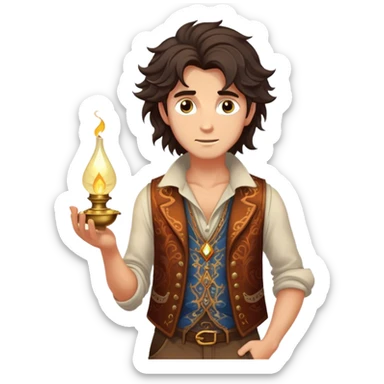 Cinematic Realistic Aladdin Portrait, depicted with lifelike, warm skin textures and a confident yet approachable gaze. His dark, wind-tousled hair frames expressive eyes full of adventure and kindness. Dressed in his iconic vest and loose trousers with intricate detailing, he holds a subtle glimmer of a magic lamp, all rendered under soft natural lighting with a radiant glow that captures his resourceful spirit. sticker