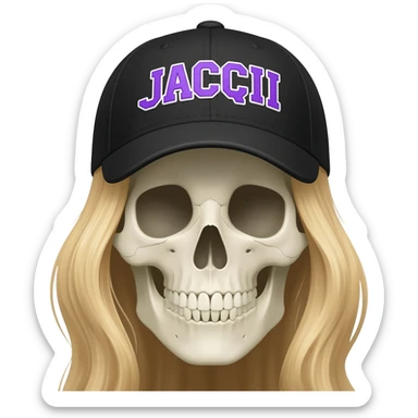 Create a skeleton head wearing a black baseball cap that says " JACQUI " in purple, and white lettering, with long blonde hair sticker