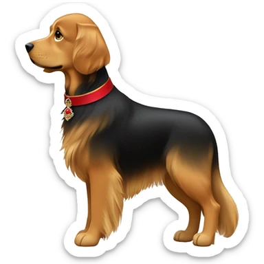 mujer morena de pelo largo y liso color castaño oscuro y un perro golden retriver negro con collar rojo de broche sticker