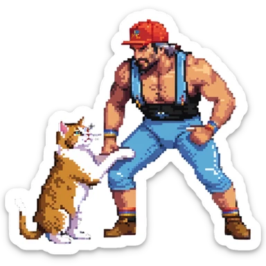 Razor Ramon wrestler from WWF defeating a cat wearing a cap sticker