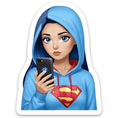 Female-Very tall-very very very large chest-texting on a samsung cell phone-very long straight black to sky blue hair ombre-blue eyes-black eyeliner-long eyelashes-hoodie with glitter superman logo-leggings-lippierced sticker
