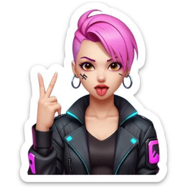 Woman with her tongue out in cyberpunk clothing and giving the middle finger. Looking naughty. sticker