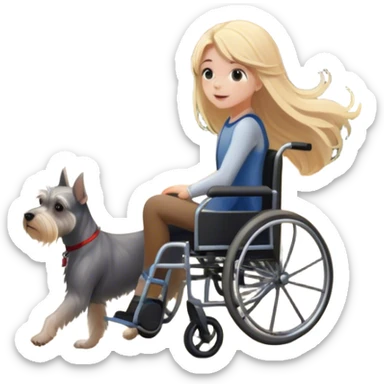 A girl in a wheelchair, rolling away into a path as her long blonde hair cascades behind her and a miniature schnauzer follows along the place has sunlight coming through the trees and leaves falling as though as early fall sticker