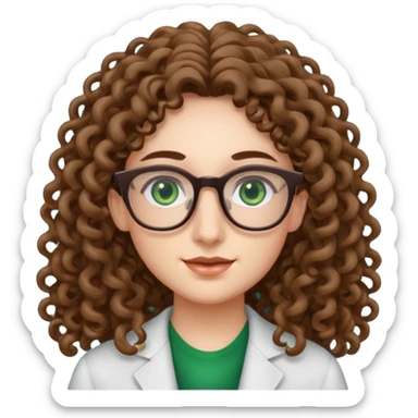 rapariga, olhos verdes escuros, rosto retangular, cabelos muito compridos aos caracóis, com óculos sticker