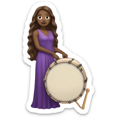 White woman standing with long flowing purple dress and long wavy brown hair holding a small handheld frame drum and a drum beater sticker