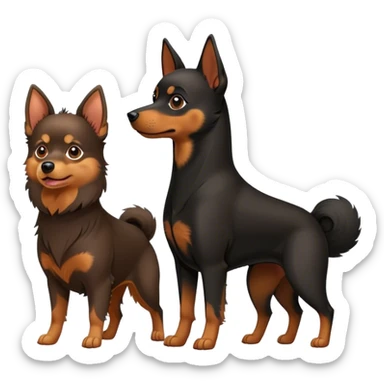 Doberman Pinscher and Pomeranian Spitz standing side by side. The Doberman has a sleek black and tan coat with alert ears, while the Pomeranian has a fluffy orange coat and a joyful expression. Beautiful natural background, with a clear blue sky and green grass. Transparent background. sticker