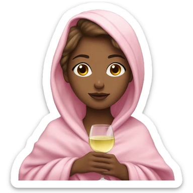 a girl with light skin and brunette hair and a glass of white wine wrapped in a pink blanket sticker