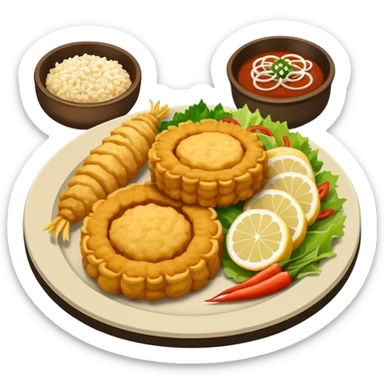 Plato redondo con filete de cerdo empanizado estilo tempura, dorado y crujiente, cortado en piezas grandes, acompañado de arroz blanco y ensalada fresca con vegetales sticker