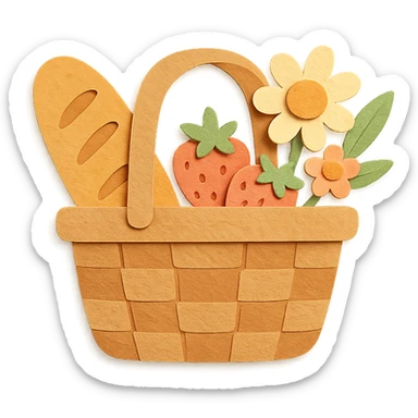 picnic basket with berries, bread, and flowers in warm pastel shades, paper-craft style sticker