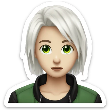 very exhausting emo teen with chin-length white hair and very very light skin with green eyes looking so weary wearing in black guess bomber and white shirt sticker