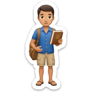 confused tourist full body, normal clothes, with a German dictionary sticker