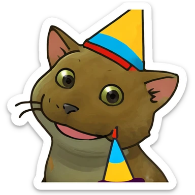ginger tabby kitten at a birthday party, smiling, with cake, balloons, and wrapped gifts sticker