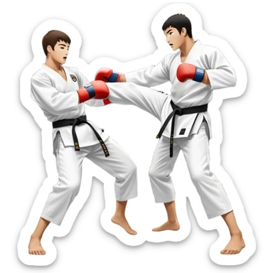 Two taekwondo fighters in traditional white doboks with black belts. One delivers a powerful kick, while the other defends by blocking with his knee. The background shows a professional arena with bright lights and an excited crowd. Transparent background highlights the intense action sticker
