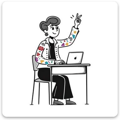 Edgy female rock musician with colorful tattoo sleeve, undercut hairstyle with vibrant dyed hair, wearing leather jacket, sitting at classroom desk with laptop, hand raised enthusiastically sticker