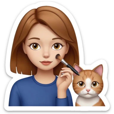 A image of a girl with light brown hair doing her makeup with her cat sticker