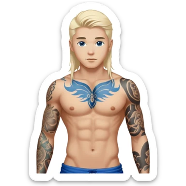 Handsome shirtless blonde hair and blue eyes white guy with body tattoos; beautiful Asian woman with long black hair and body tattoos sexy pose sfw sticker
