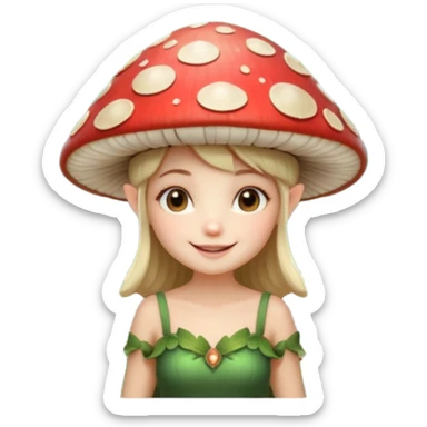 mushroom fairy portrait, head and shoulders only, wearing a large mushroom cap hat, tiny glowing wings visible behind shoulders, cute magical smile, forest fantasy vibe, 3D cartoon, mobile game icon style, clean background, no text, no watermark sticker