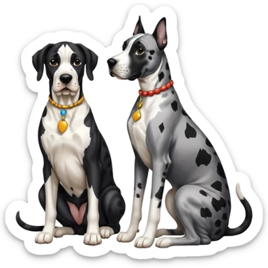 Harlequin great dane dog sitting with a black and white cat sticker