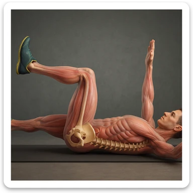 Create a hyperrealistic 4K anatomical side view of a man lying on the ground in the dead bug position as in the reference image. Highlight the pelvis bones and spine in 3D with realistic anatomical details. Show translucent muscles and skin to reveal the skeleton beneath. The atmosphere should be medical and detailed. sticker