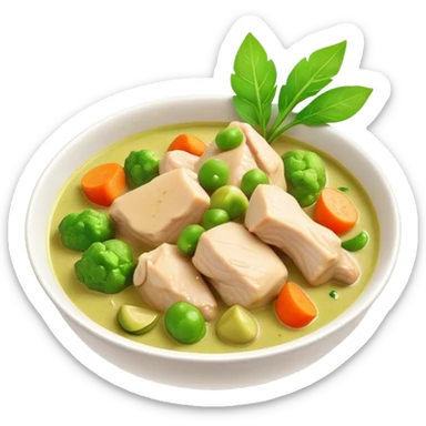 Green Chicken Curry Cinematic Realistic Green Chicken Curry Dish Emoji, depicted as tender chicken chunks simmered in a fragrant green curry sauce with vegetables, rendered with vivid textures and dynamic, vibrant lighting. sticker
