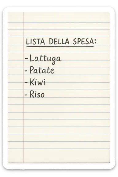 FOGLIO DI CARTA A RIGHE CON LISTA DELLA SPESA SCRITTA A PENNA:
"LISTA DELLA SPESA:
- Lattuga
- Patate
- Kiwi
- Riso", iperealistico 4k sticker