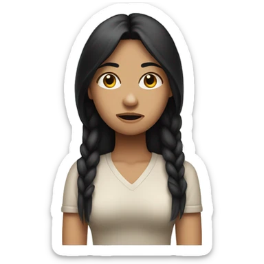 woman with long black hair and light skin, crossing arms with a frown on her face sticker