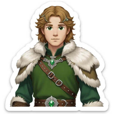Medieval winter outfit worn by a DnD themed fantasy male character. Heavy olive green wool tunic with lynx fur collar, secured with ornate silver fastenings and a thick embossed leather belt. Clothes only above the waist, full waist coverage. The character has no arms. Character is white-skinned with golden brown hair, forest green eyes, and shoulder-length wavy hair with ice-crystal highlights. sticker
