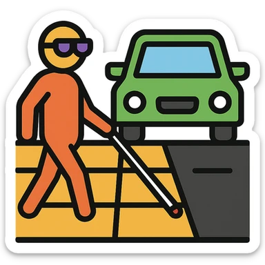 a blind person with a white cane walking on a pavement, but a car is parked blocking the path, color outline icon style sticker