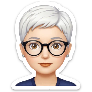 White woman with short pixie white hair glasses brown brows sticker