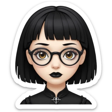 Faça uma moça de cabelo preto micro franja e penteado gótico pálida e com maquiagem gótica pesada olhos castanhos escuro e óculos  sticker