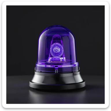 a highly realistic all-round police-style beacon, rotating, in violet blue, with glass reflections and metallic base sticker