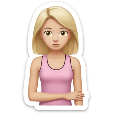 Create a young woman with long blonde hair, golden eyes, and medium-light skin tone, wearing a light pink tank top and leggings. She should be in portrait mode, but with a subtle doubting facial expression—slightly raised eyebrow, small frown, .  and her hand next to her chin like a thinker sticker