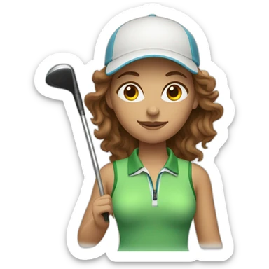 female with brown wavy hair dressed in golfwear with golf gear sticker