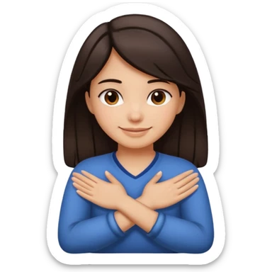 make an emoji of a girl with medium skin and very dark brown hair. her hands are crossed and holding the front of her neck. her face is smiling sticker