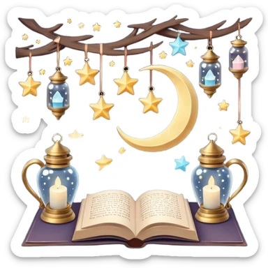  crescent moons, stars with ribbons, tiny clouds, crystal bottles, cozy mugs, mini lanterns, and floating books. Smooth textures, soft magical lighting, realistic shadows, very detailed, high-resolution, dreamy and enchanting aesthetic, super cute and charming." sticker