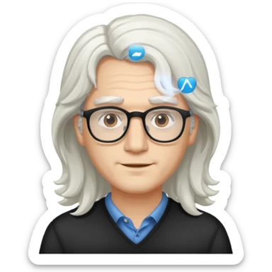 young pc tech guy with long wavy white hair, brown eyebrows sticker
