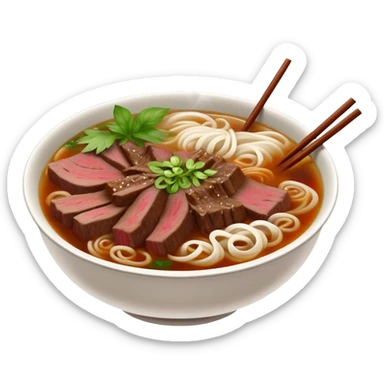 Cinematic Realistic Pho Dish Emoji, depicted as a steaming bowl of aromatic beef noodle soup with herbs rendered with lifelike textures and vibrant, warm lighting. sticker